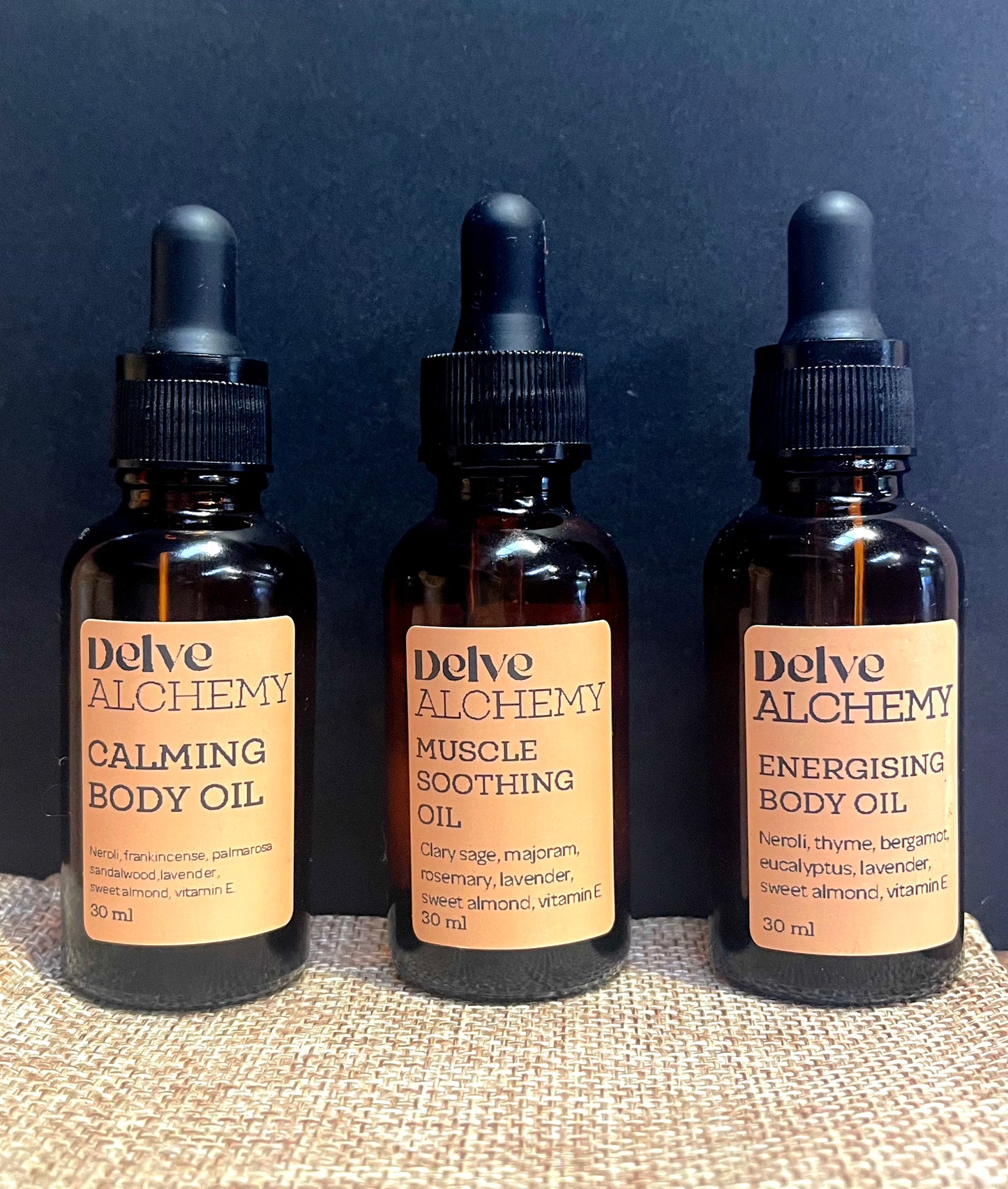 Calming , Energising & Muscke Soothing Body Oils by Delve Alchemy in an Amber Glass Bottles With Pipettes