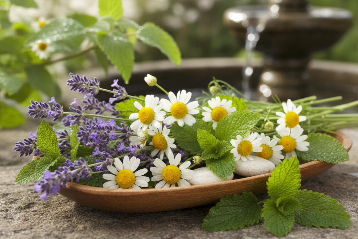 a calming image of lavender, chamomile and lemon balm