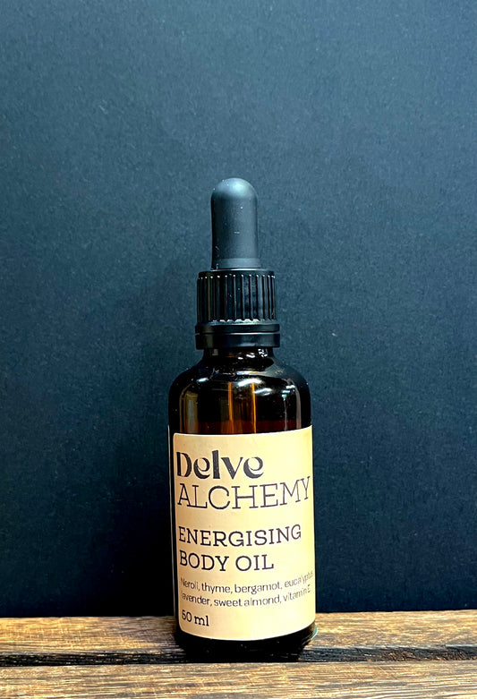 Energising Body Oil by Delve Alchemy in an Amber Glass Bottle With Pipette 