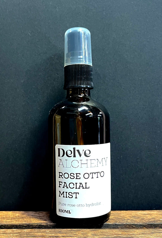 Delve Alchemy Natural Rose Otto Facial Mist in amber glass spray bottle with black pump