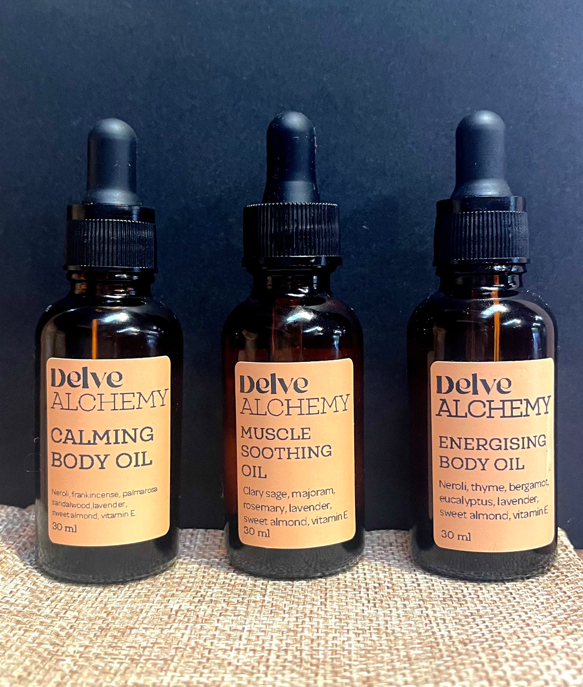 Calming , Energising & Muscke Soothing Body Oils by Delve Alchemy in an Amber Glass Bottles With Pipettes