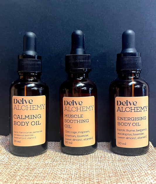 Calming , Energising & Muscke Soothing Body Oils by Delve Alchemy in an Amber Glass Bottles With Pipettes
