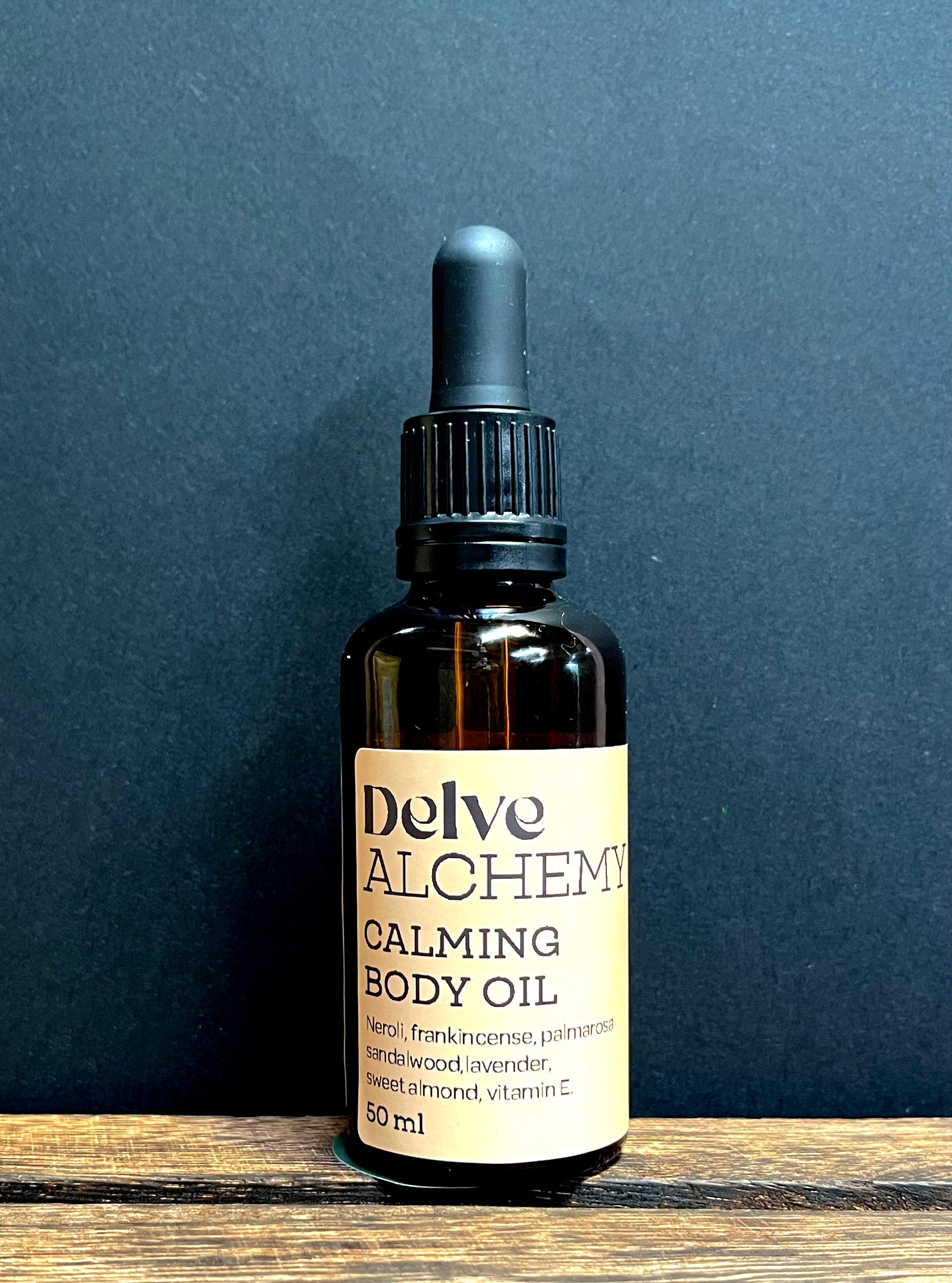 Calming Body Oil by Delve Alchemy in an Amber Glass Bottle With Pipette 