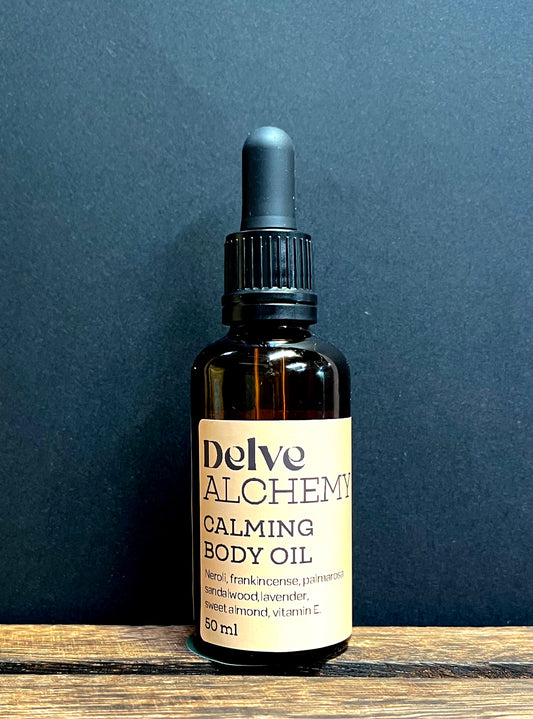 Calming Body Oil by Delve Alchemy in an Amber Glass Bottle With Pipette 