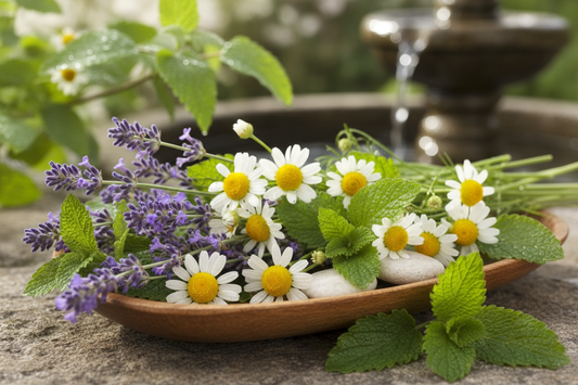 a calming image of lavender, chamomile and lemon balm 