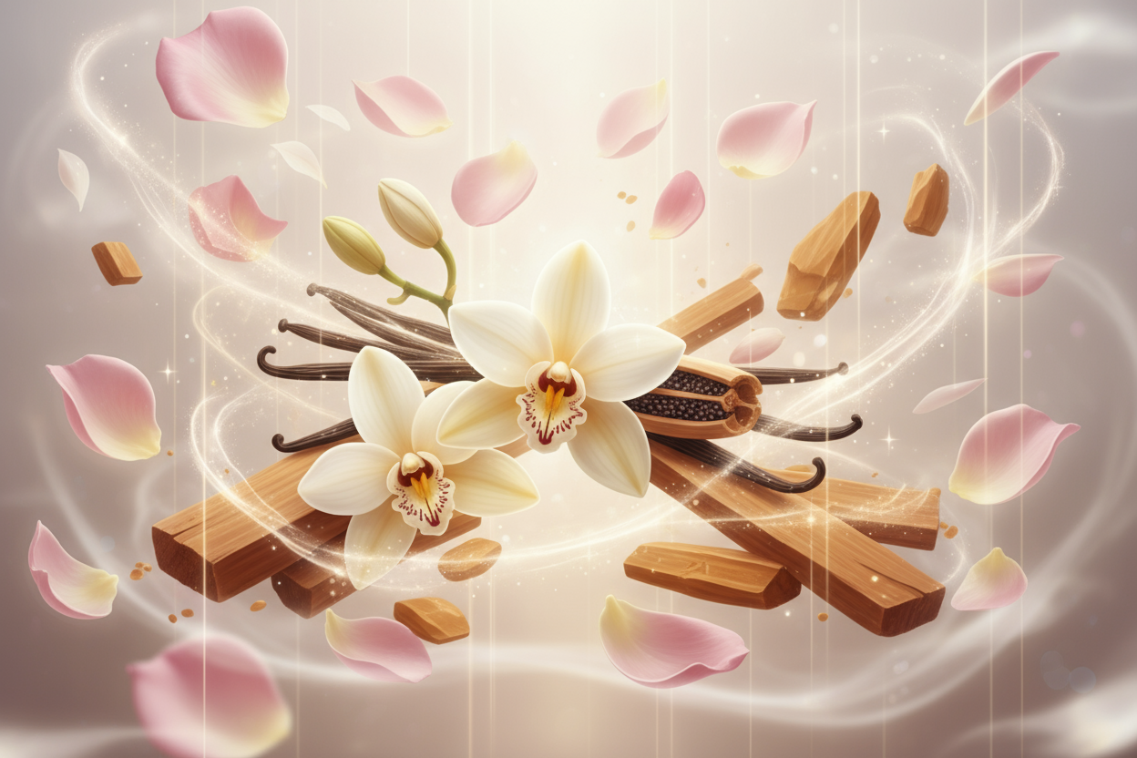 an ethereal image of rose, vanilla, sandlewood