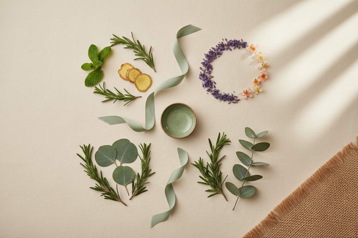 Flat lay arrangement on warm cream background: three small sections showing mixed botanicals - energising herbs (rosemary, peppermint, ginger), calming flowers (lavender, orange blossom), soothing leaves (eucalyptus, rosemary). Natural hessian fabric corner visible, soft natural lighting, professional product photography, sage green accents, minimalist gift set aesthetic, top-down view, botanical variety showcase