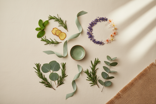 Flat lay arrangement on warm cream background: three small sections showing mixed botanicals - energising herbs (rosemary, peppermint, ginger), calming flowers (lavender, orange blossom), soothing leaves (eucalyptus, rosemary). Natural hessian fabric corner visible, soft natural lighting, professional product photography, sage green accents, minimalist gift set aesthetic, top-down view, botanical variety showcase