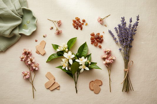 Flat lay of calming botanicals on warm cream background: delicate neroli orange blossoms, frankincense resin crystals, dried lavender sprigs, sandalwood chips, pale pink palmarosa flowers. Soft diffused lighting, peaceful mood, professional product photography, sage green accent, minimalist arrangement, top-down view, spa-like aesthetic, natural textures